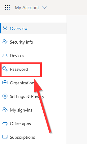 screenshot of password change option in Outlook