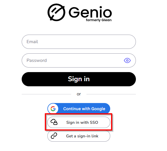 image showing the location of the SSO button on the Glean Sign in page. The button is centered below the password field.