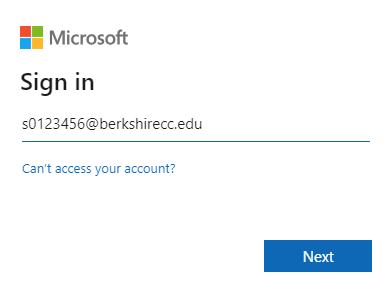 image display the microsoft account login screen with s0123456@berkshirecc.edu as the email username