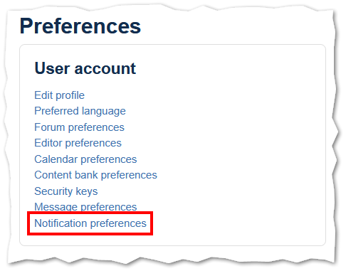 the Moodle preferences list with notification preferences highlighted
