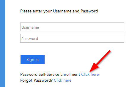 A screenshot of MyBCC login page where Password Self-Service Enrollment is found right underneath the Sign in button